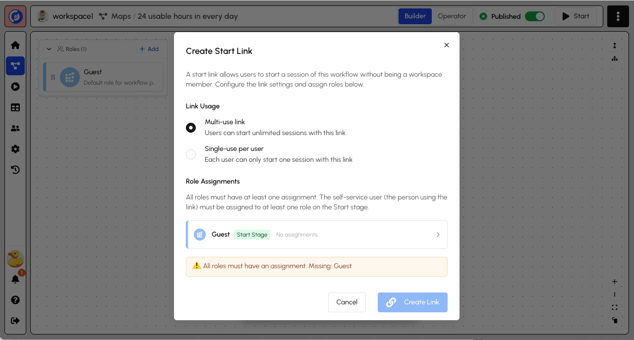 Create Start Link Dialog